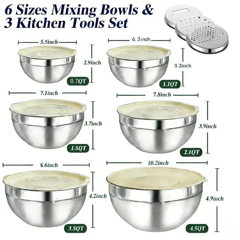 6-Piece Stainless Steel Mixing Bowl Set with Lids and Grinder Attachments - Airtight Food Storage and Organizer for Culinary Use