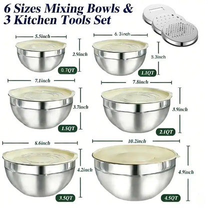 6-Piece Stainless Steel Mixing Bowl Set with Lids and Grinder Attachments - Airtight Food Storage and Organizer for Culinary Use