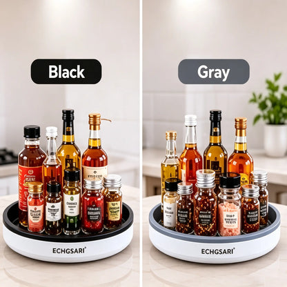 360° Rotating Organizer Tray, Non-Slip Lazy Susan Turntable for Kitchen Countertop, Pantry Cabinet and Bathroom Storage, round Rotating Tray in Black & Gray