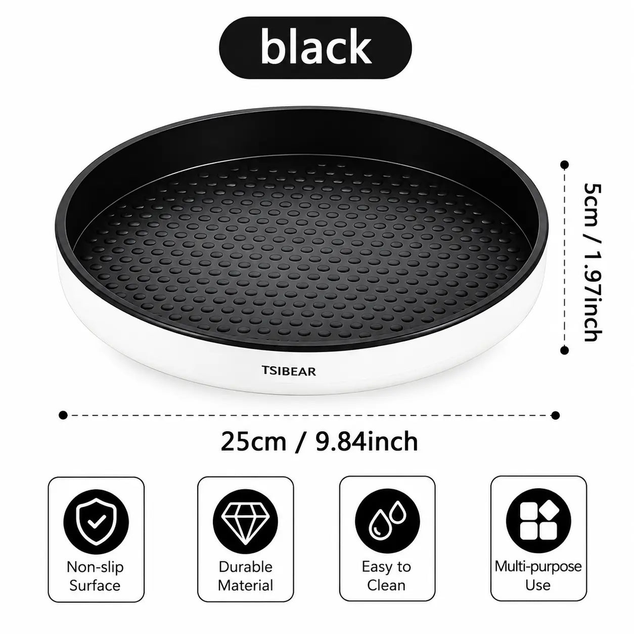 360° Rotating Organizer Tray, Non-Slip Lazy Susan Turntable for Kitchen Countertop, Pantry Cabinet and Bathroom Storage, round Rotating Tray in Black & Gray