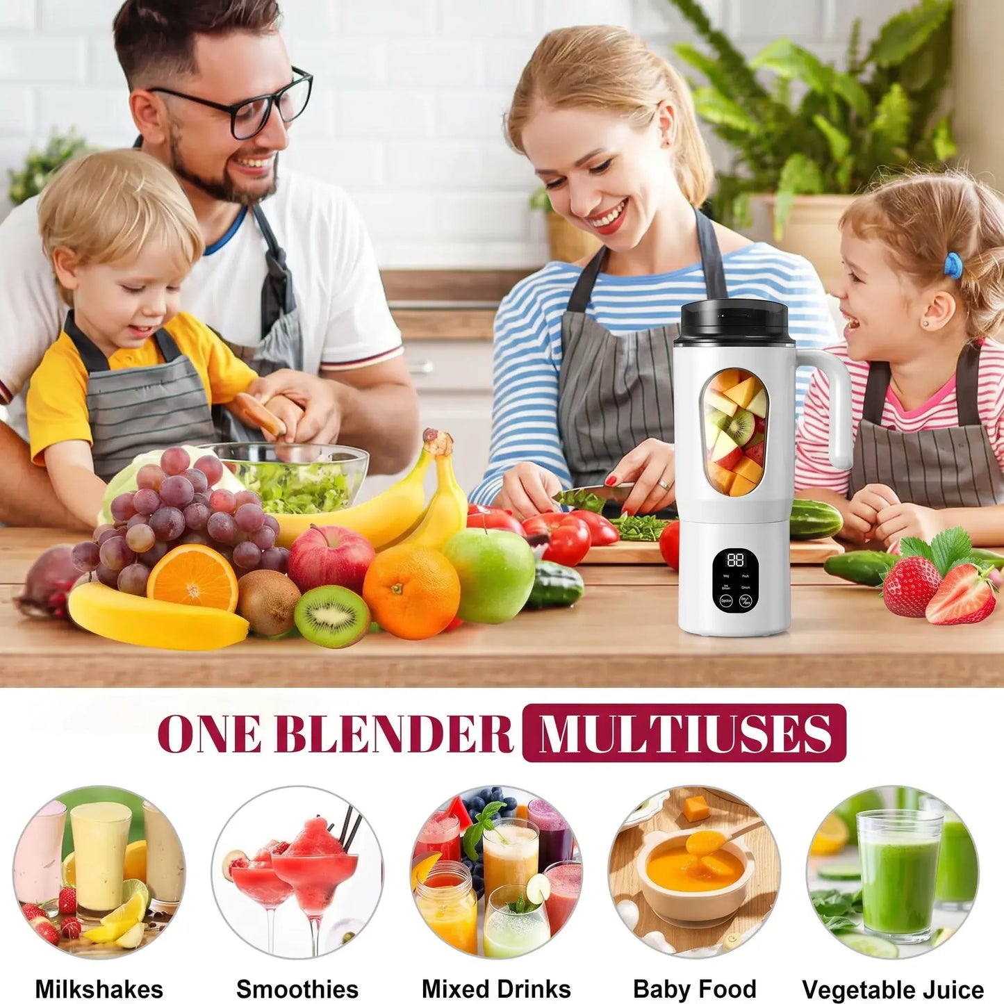 Portable USB Rechargeable Juicer with LED Display - Handheld High-Speed Blender for Smoothies and Juices, Self-Cleaning, BPA-Free, Ice Crushing Function, Multiple Gears, Safety Protection, and Versatile Uses