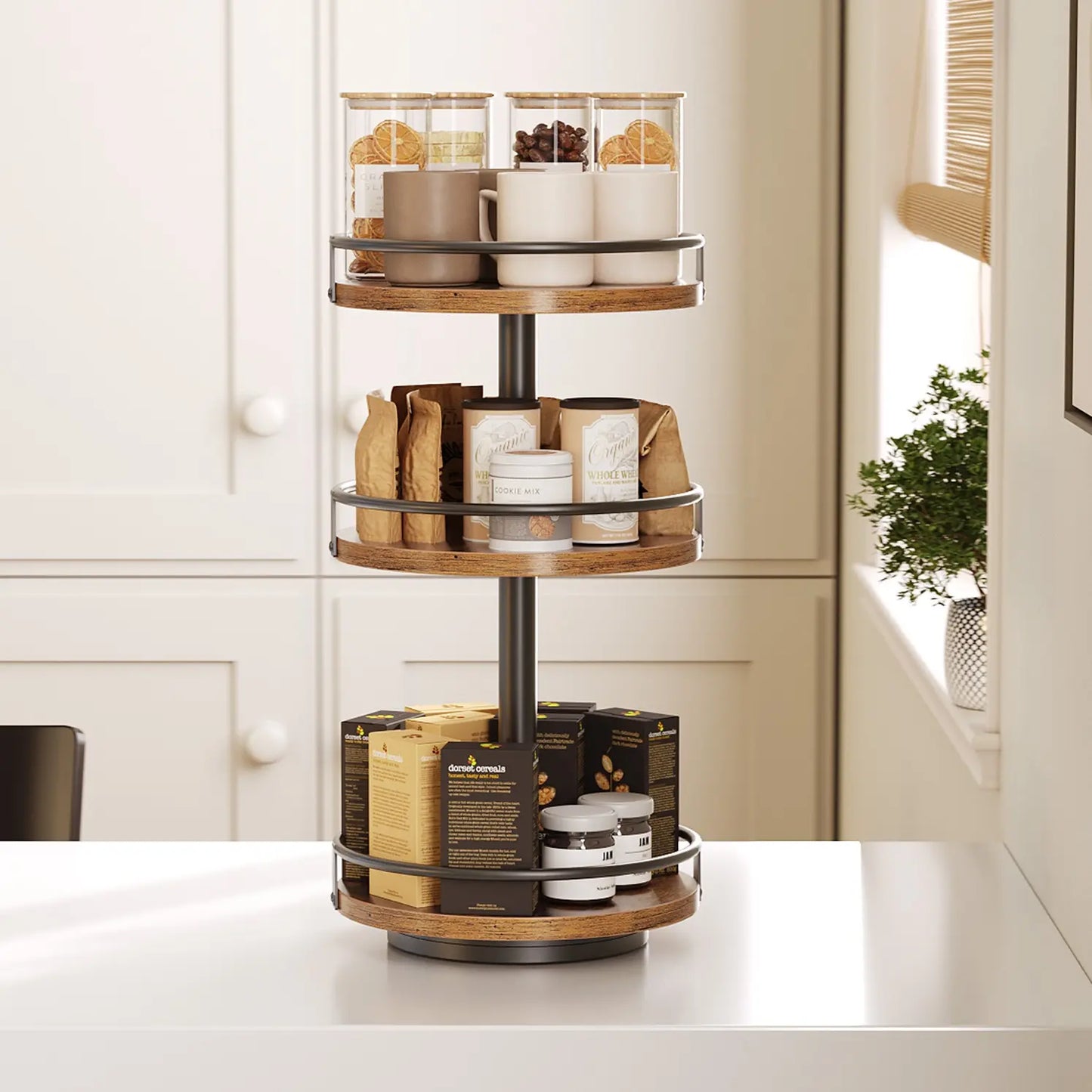 HOOBRO Lazy Susan Organizer, Rotating Spice Rack, 3-Tier Organizer, Turntable Spice Rack, Vertical Storage Organizer, for Kitchen Countertop, Vanity, Dining Table, Rustic Brown and Black #Summervibes