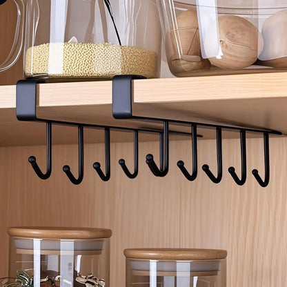 VIREFIRA Black 2-Piece Hangable under Shelf Mug Hanger Rack Set - 6-Hook Snap-In Adjustable under Cabinet Storage Organizer, Space-Saving Cup Holder for Kitchen Pantry