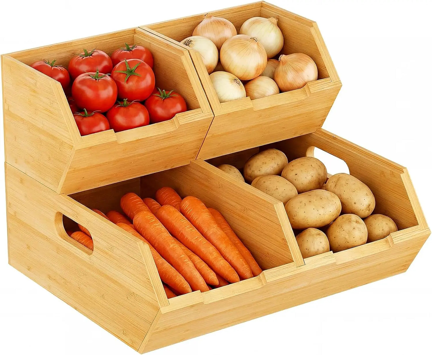 Set of 3 Ventilated Stackable Bamboo Storage Bins for Potatoes and Onions - Versatile Organization Baskets with Handles for Pantry and Kitchen Counter Use