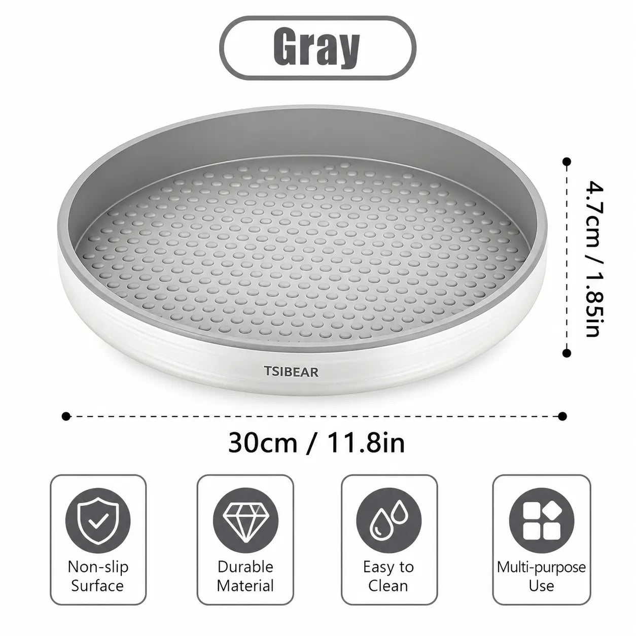 360° Rotating Organizer Tray, Non-Slip Lazy Susan Turntable for Kitchen Countertop, Pantry Cabinet and Bathroom Storage, round Rotating Tray in Black & Gray