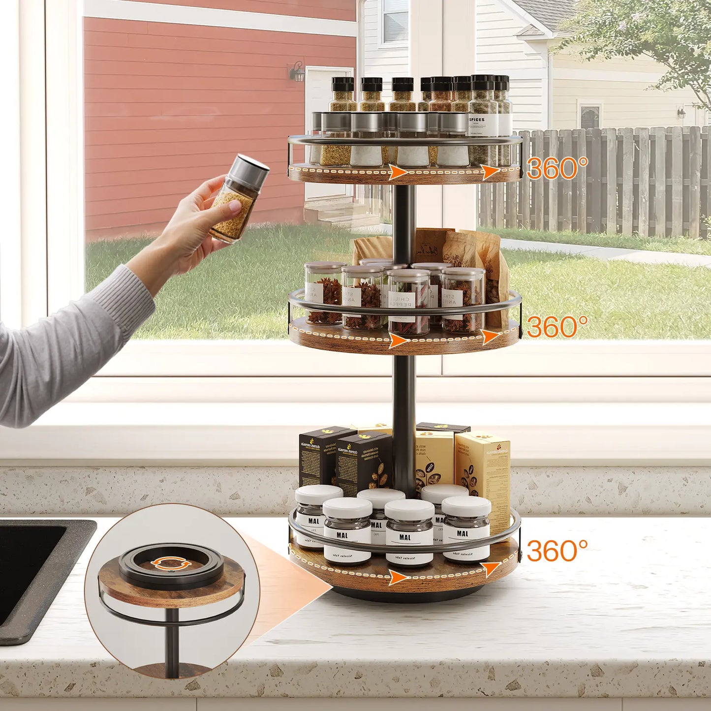 HOOBRO Lazy Susan Organizer, Rotating Spice Rack, 3-Tier Organizer, Turntable Spice Rack, Vertical Storage Organizer, for Kitchen Countertop, Vanity, Dining Table, Rustic Brown and Black #Summervibes