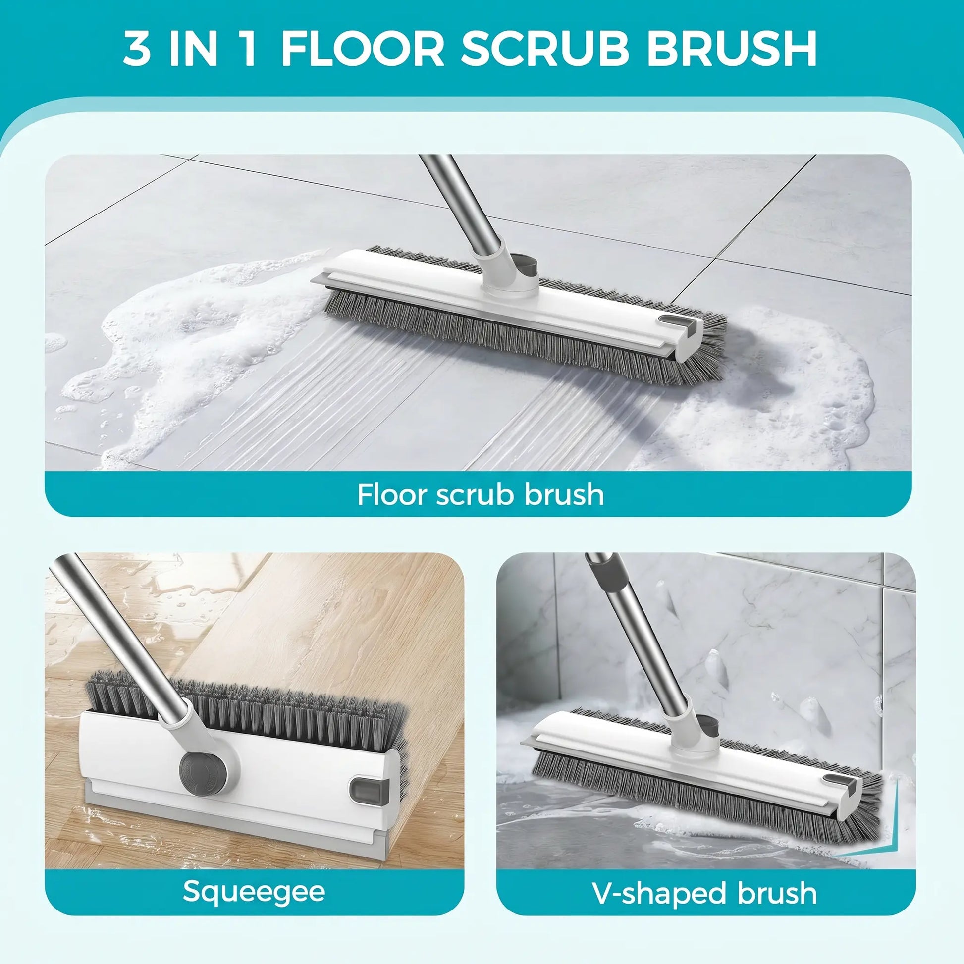 JOIORBOO 3-in-1 Floor Scrub Brush with Long Handle - Double-Sided Bristles and Squeegee for Bathroom and Kitchen Cleaning