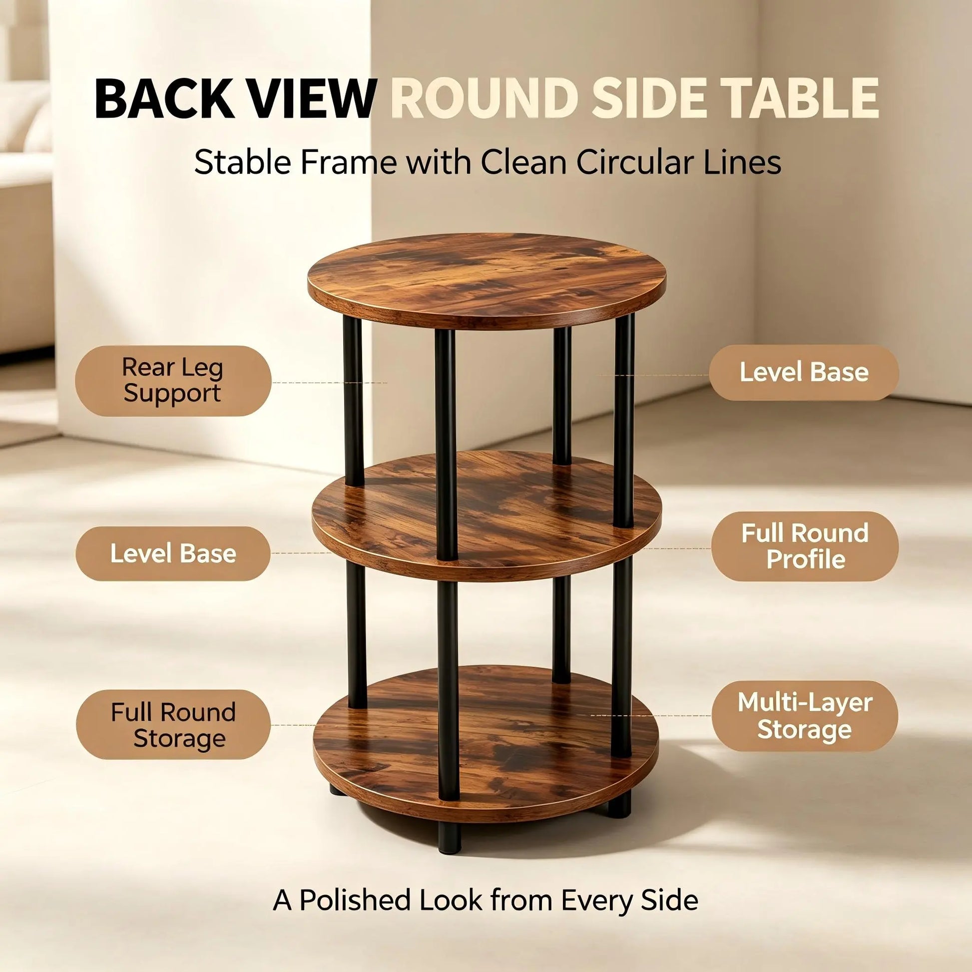 Three-Tier Round Shelving Table - Versatile Decorative Table Available in Narrow-Edge Styles or as a Nightstand; Industrial Design Ideal for Compact Spaces