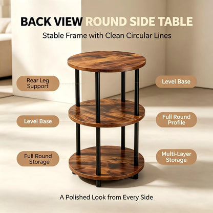Three-Tier Round Shelving Table - Versatile Decorative Table Available in Narrow-Edge Styles or as a Nightstand; Industrial Design Ideal for Compact Spaces