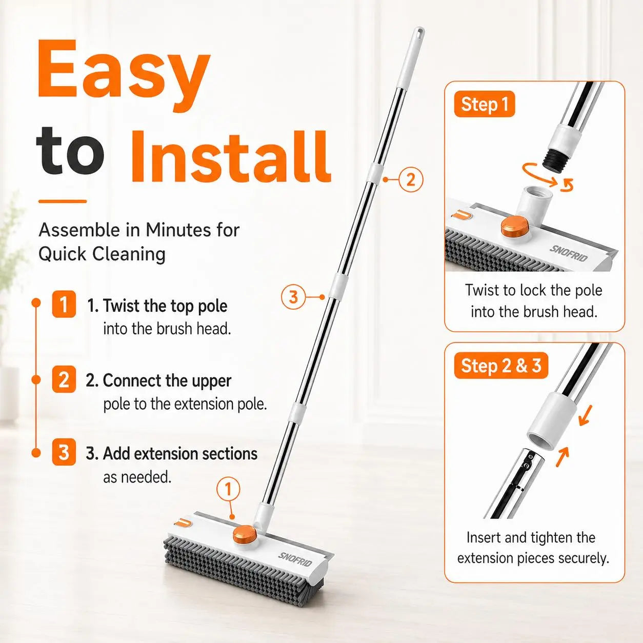Snofrid 3-in-1 Heavy Duty Floor Scrub Brush with 54-Inch Adjustable Handle and Stiff Bristles for Versatile Cleaning of Showers, Bathrooms, Kitchens, Patios, Garages, Pools, Walls, and Decks - Orange and White