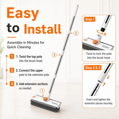 Snofrid 3-in-1 Heavy Duty Floor Scrub Brush with 54-Inch Adjustable Handle and Stiff Bristles for Versatile Cleaning of Showers, Bathrooms, Kitchens, Patios, Garages, Pools, Walls, and Decks - Orange and White