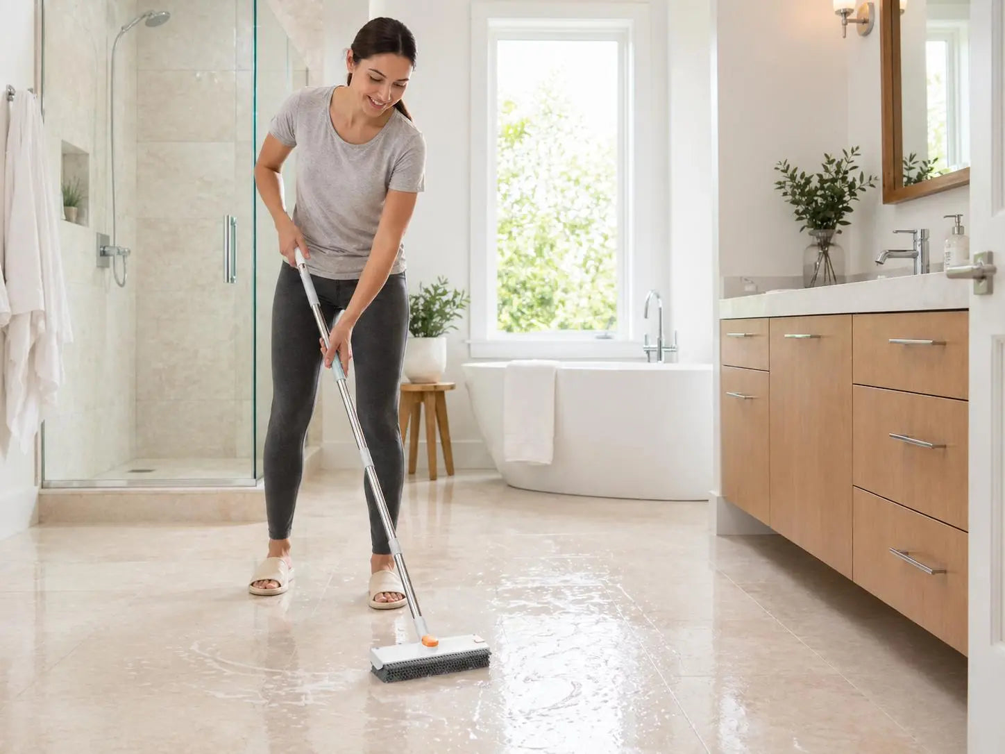 Snofrid 3-in-1 Heavy Duty Floor Scrub Brush with 54-Inch Adjustable Handle and Stiff Bristles for Versatile Cleaning of Showers, Bathrooms, Kitchens, Patios, Garages, Pools, Walls, and Decks - Orange and White